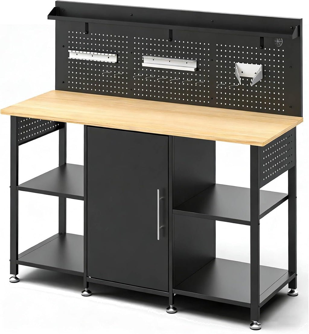 60 inch Workbench with Storage Locker and LED Lights, 2000 lb Capacity Heavy Duty Workbench for Garage, Height