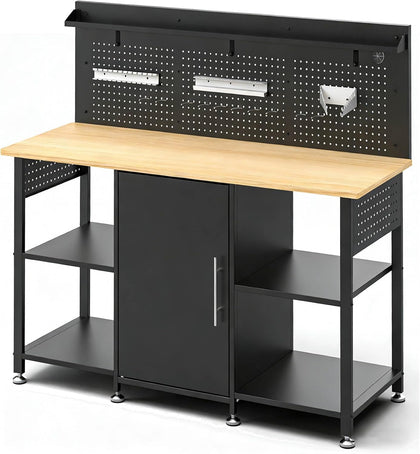 60 inch Workbench with Storage Locker and LED Lights, 2000 lb Capacity Heavy Duty Workbench for Garage, Height
