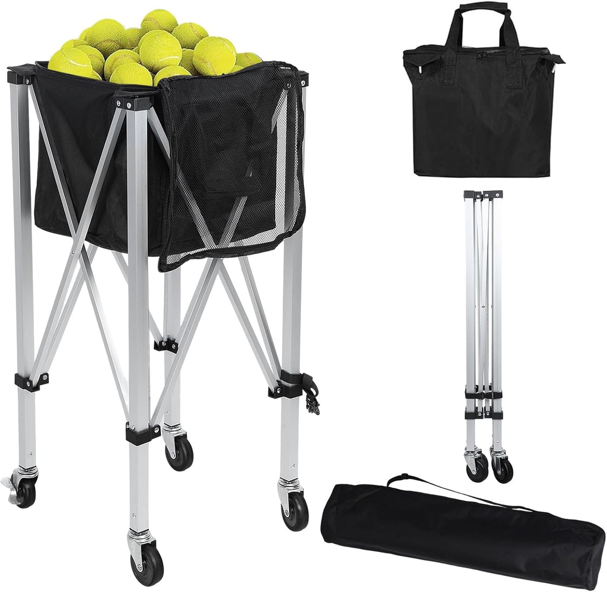 Tennis Ball Cart - Holds 160 Balls, Foldable Lightweight Tennis Ball Hopper with Wheels, Removable Bag, Side Pockets