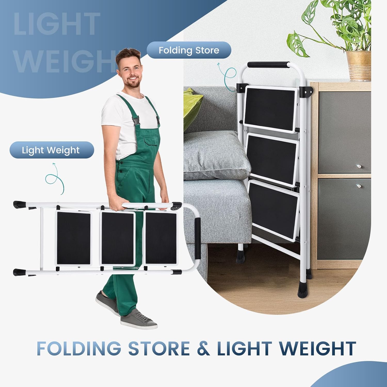 Step Ladder, 3 Sturdy Step Stool with Anti-Slip Pedal & Comfortable Handrail, Portable Heavy Duty Step Stool for