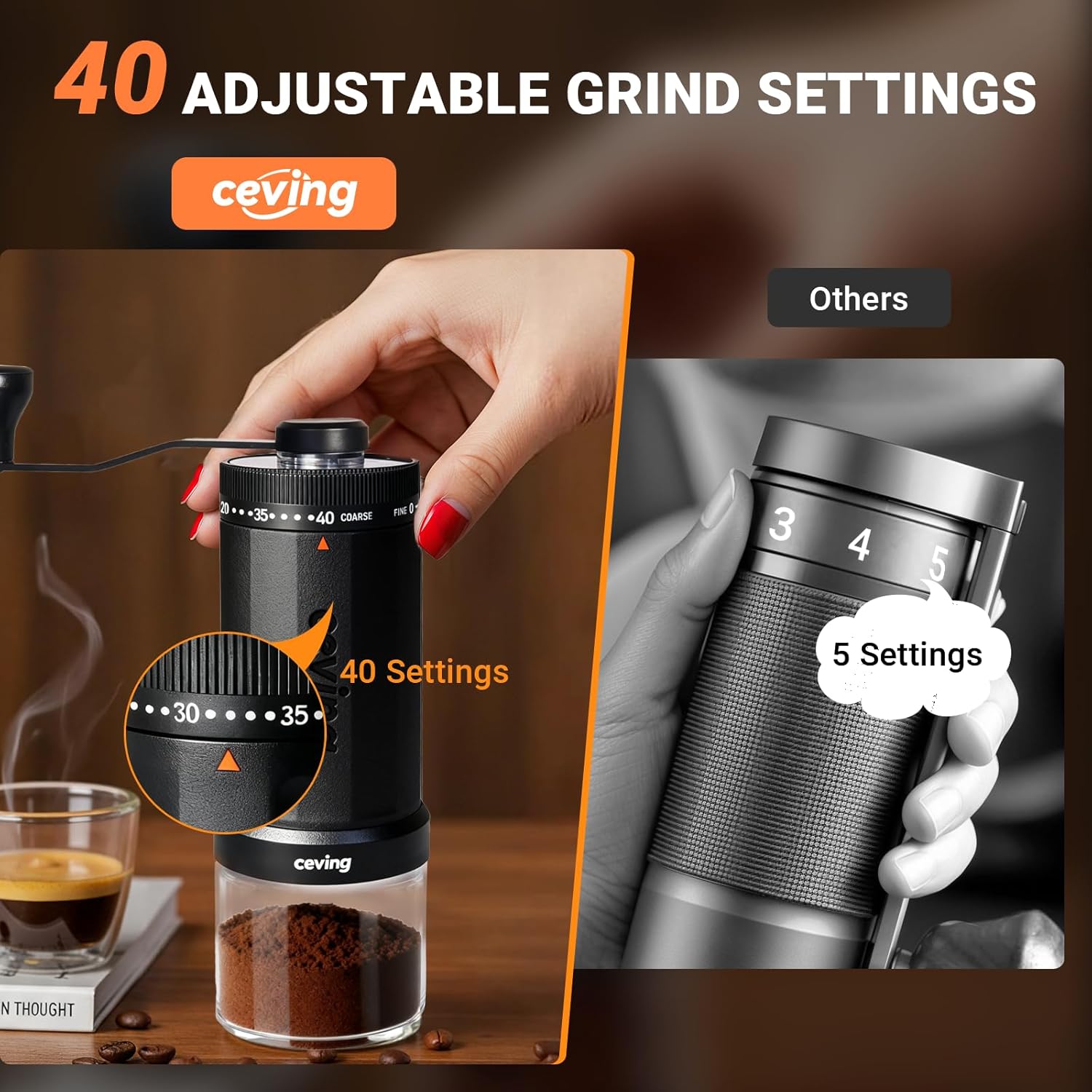 World's First 60g Large Capacity Manual Coffee Grinder, Black | 40 External Settings, Portable Hand Coffee Bean Mill