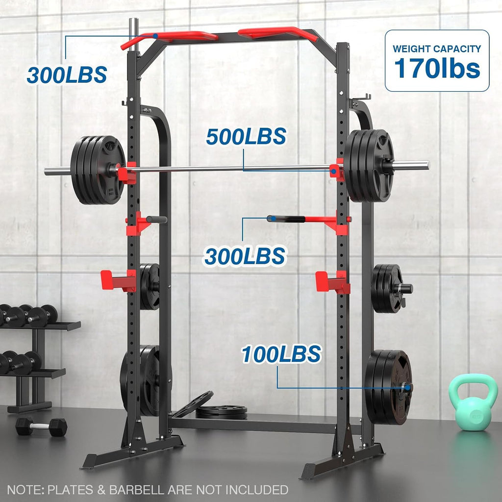 Power Cage Squat Rack, Power Rack with Pulley System, Adjustable Cable Crossover System, J-Hooks, Dip Handles, Weight