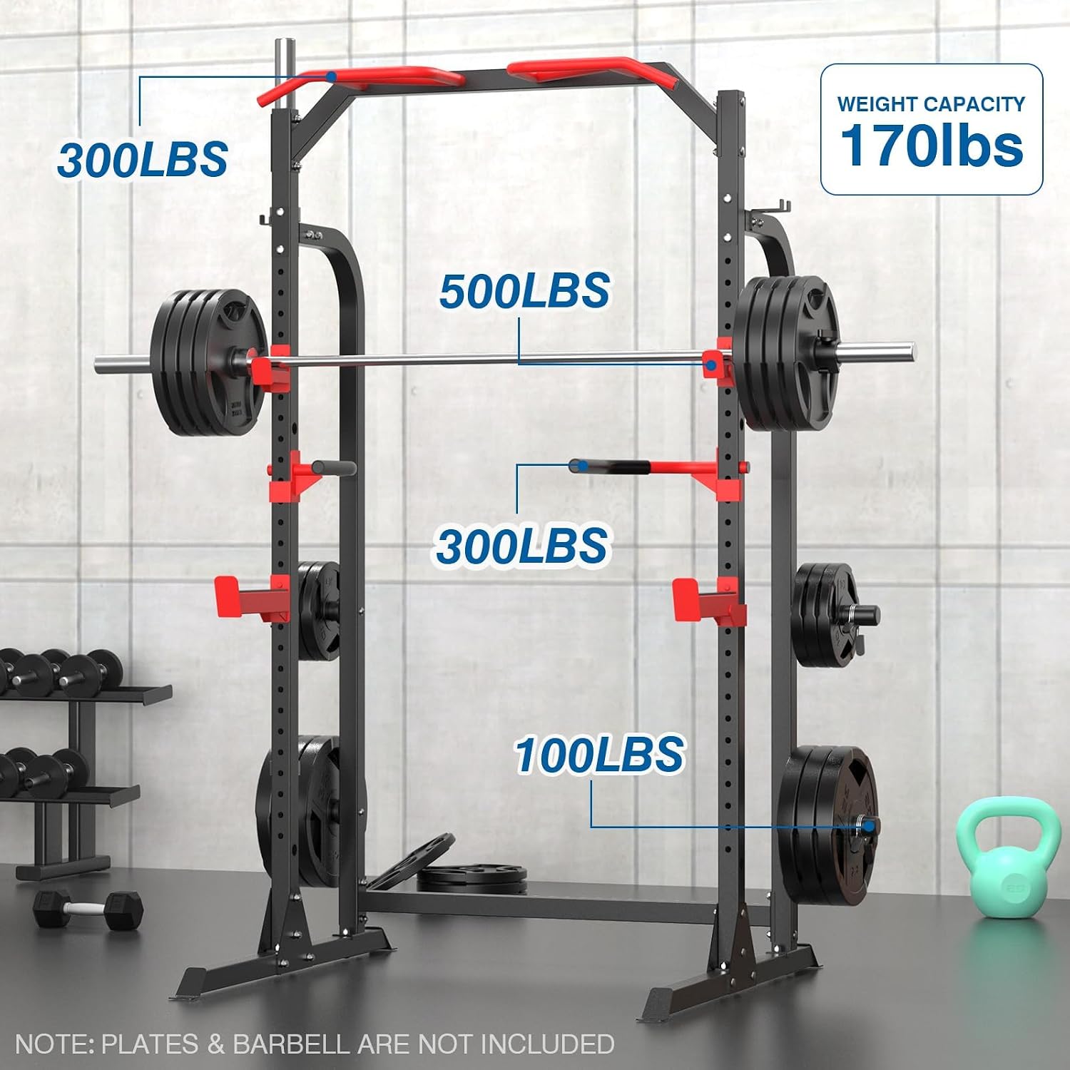 Power Cage Squat Rack, Power Rack with Pulley System, Adjustable Cable Crossover System, J-Hooks, Dip Handles, Weight