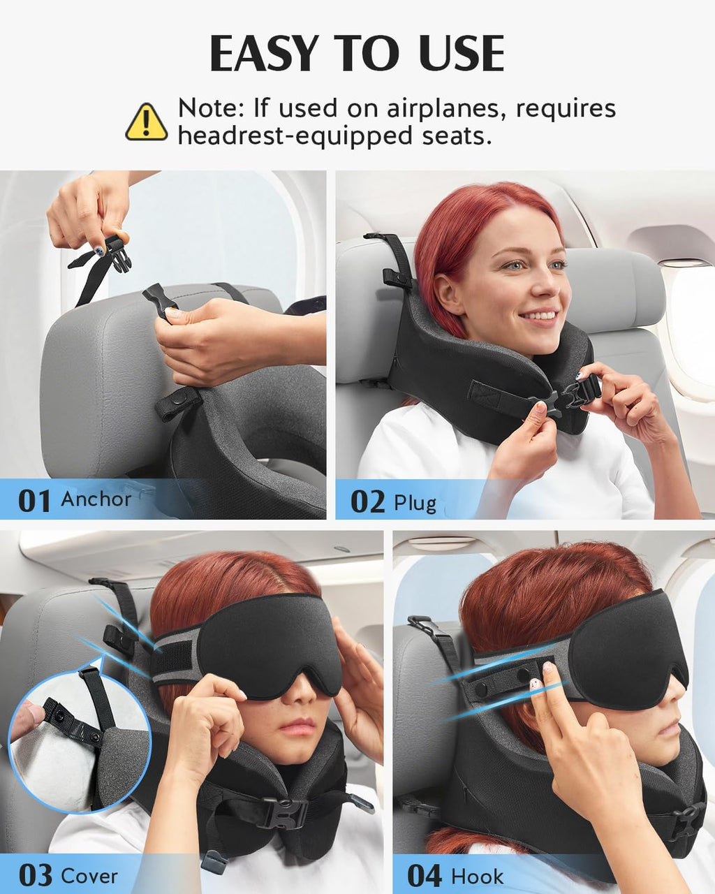 Travel Pillow for Long Flight Airplane, Head Strap Combo with 3D Contoured Sleep Eye Mask, Neck Pillow for Travel