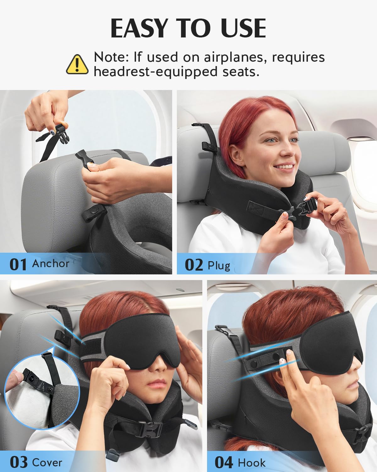 Travel Pillow for Long Flight Airplane, Head Strap Combo with 3D Contoured Sleep Eye Mask, Neck Pillow for Travel