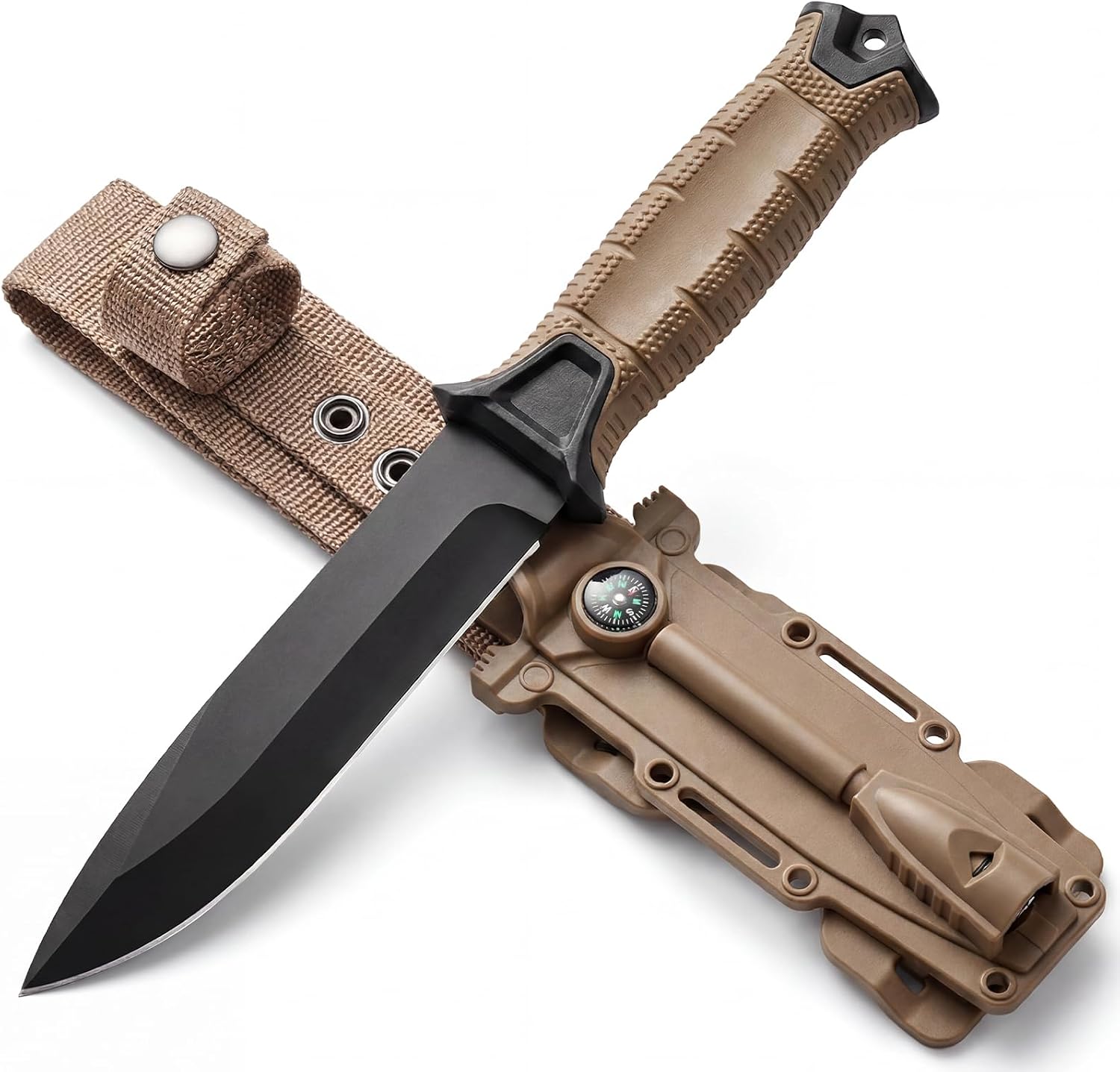 Fixed Blade Tactical Survival Knife, Full Tang 8Cr13MoV with Sheath, Fire Starter & Compass, Non-Slip Handle, for