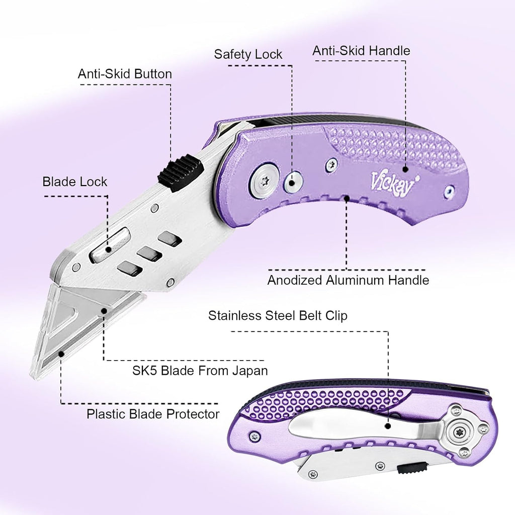 Folding Utility Knife, Heavy Duty Box Cutter Purple, Razor Knife