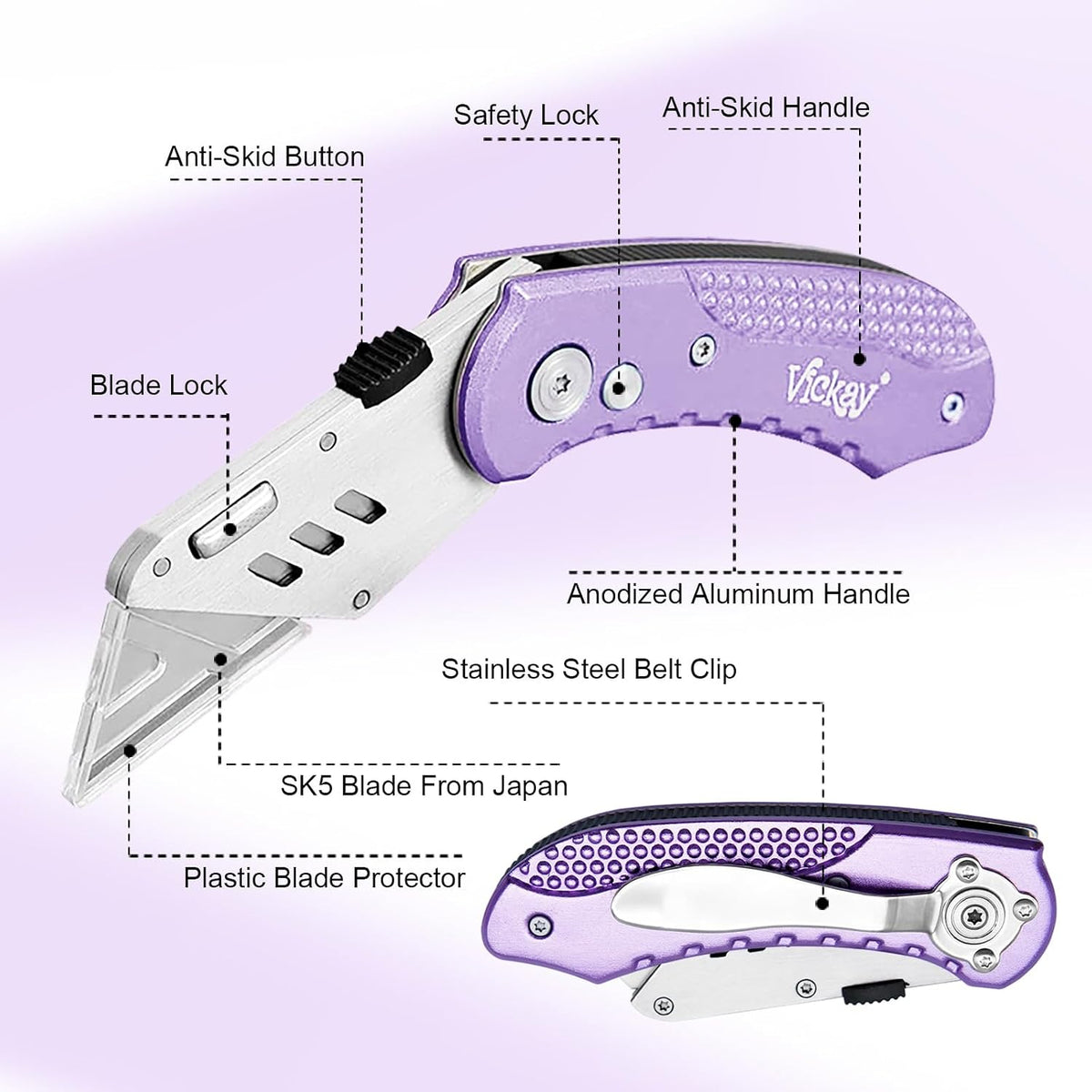 Folding Utility Knife, Heavy Duty Box Cutter Purple, Razor Knife