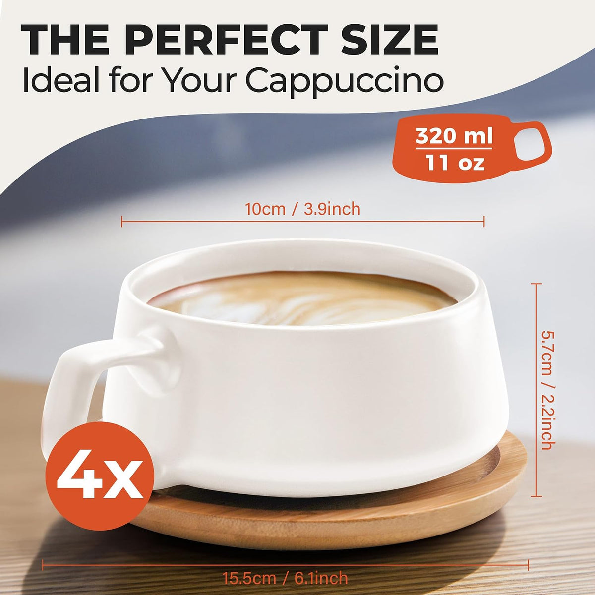 Cappuccino Cup Set of 4, Ceramic (9.5oz) - Luxe (Cream White)