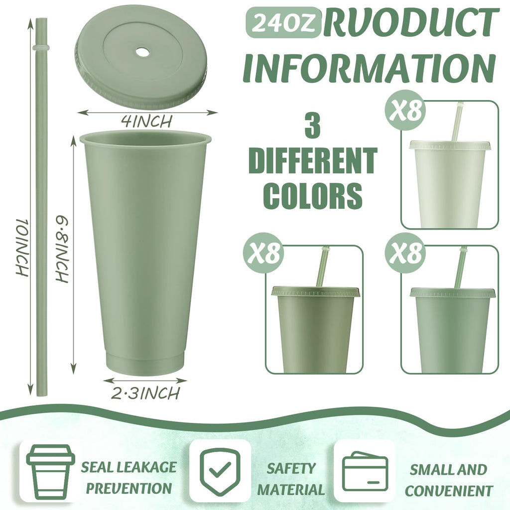 24 Pcs Sage Green Plastic Cups with Lids and Straws 24 oz