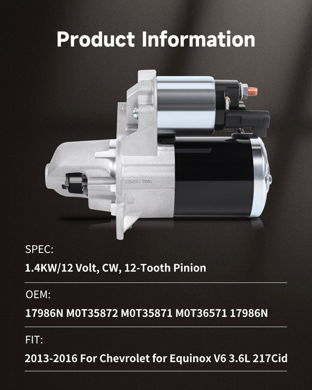 Starter Motor for Chevy Traverse 09-17, GMC Acadia 07-16, Buick Enclave Lacrosse, Cadillac SRX XTS STS, Impala 12-20, Pontiac Saturn Suzuki 3.0L 3.6L V6 Engine OE#: 12645298