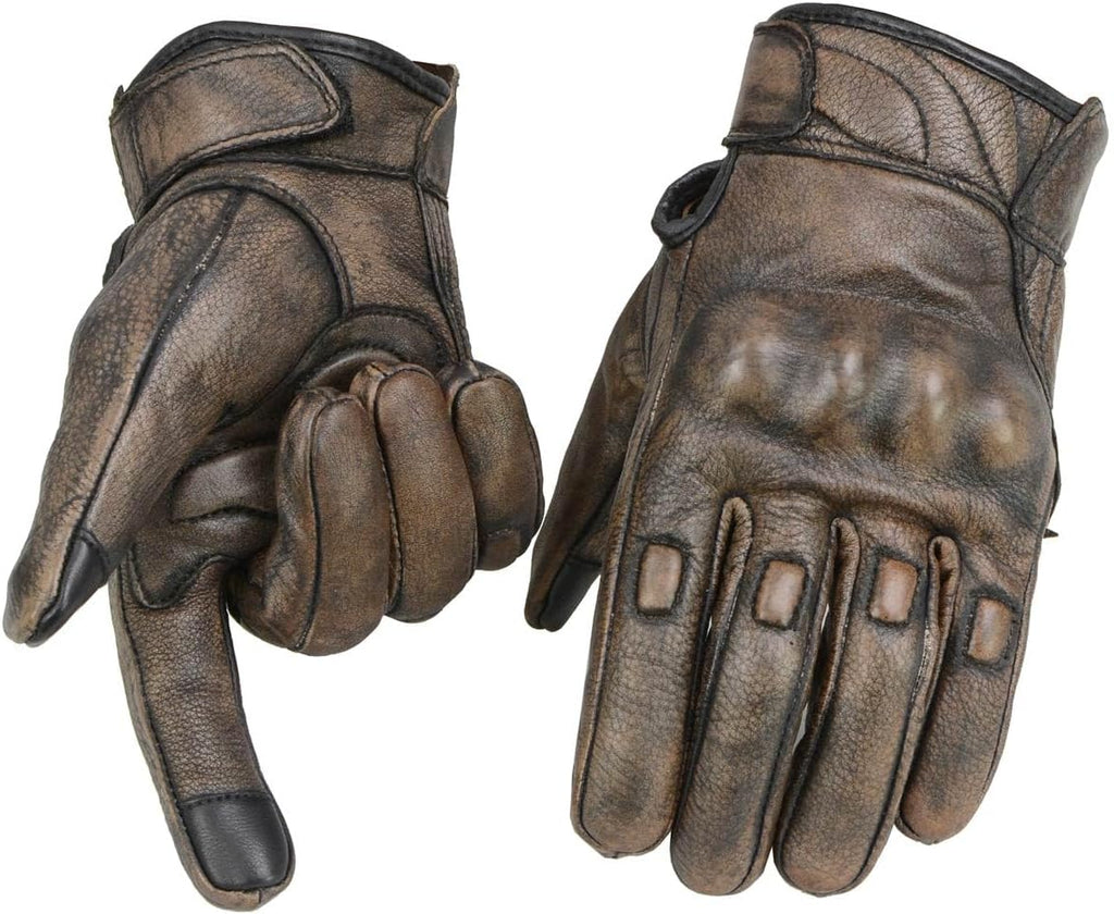 MG7514 Men's Brown Leather with Gel Palm Motorcycle Gloves W/Protective Knuckle