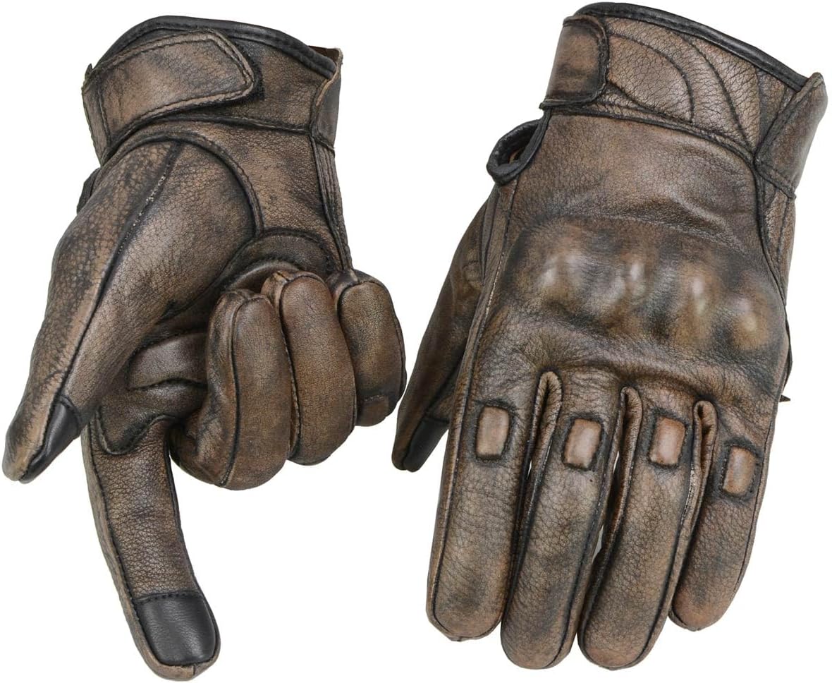 MG7514 Men's Brown Leather with Gel Palm Motorcycle Gloves W/Protective Knuckle