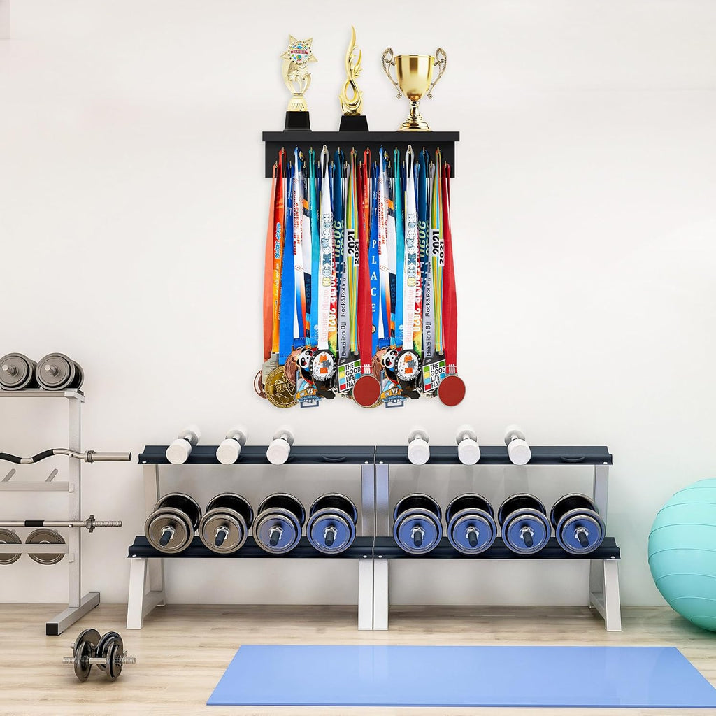 Wooden Medal Hanger Display Trophy Holder Shelf with 25/37/49/65/83 Hooks Wall Mount Ribbon Holder Gift for