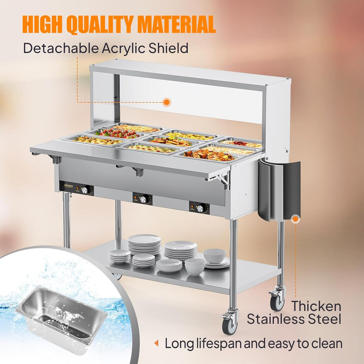 72QT Electric Commercial Food Warmer Steam Table, 1500W