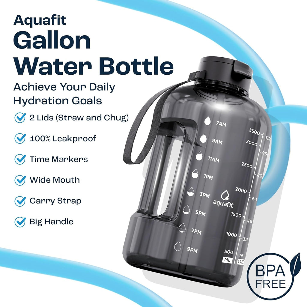 1 Gallon Water Bottle with Time Marker | BPA Free 128 oz Water Bottle with Straw and Chug Lids - Leakproof Gym Water