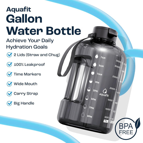 1 Gallon Water Bottle with Time Marker | BPA Free 128 oz Water Bottle with Straw and Chug Lids - Leakproof Gym Water