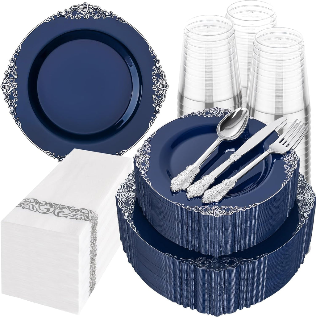 350 Pcs Blue Silver Plates for Graduation