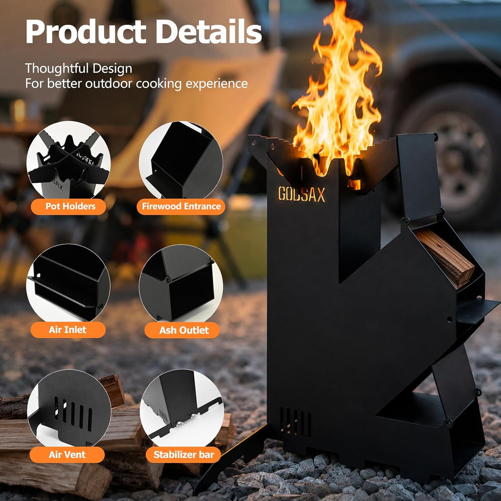 Rocket Stove Portable Wood-Burning Camping Stove with Storage Bag | 1.8mm steel,130lbs downward load,6.33lb