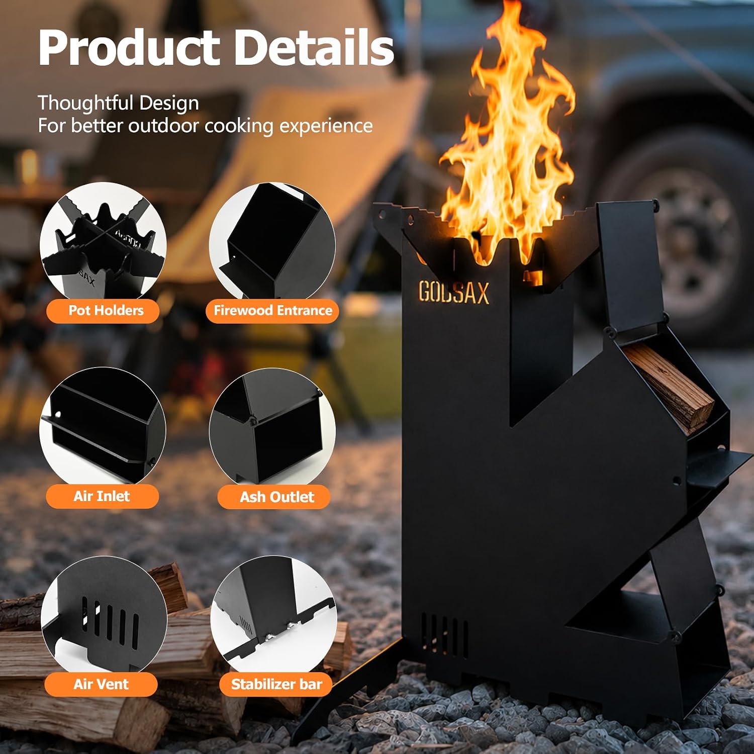 Rocket Stove Portable Wood-Burning Camping Stove with Storage Bag | 1.8mm steel,130lbs downward load,6.33lb