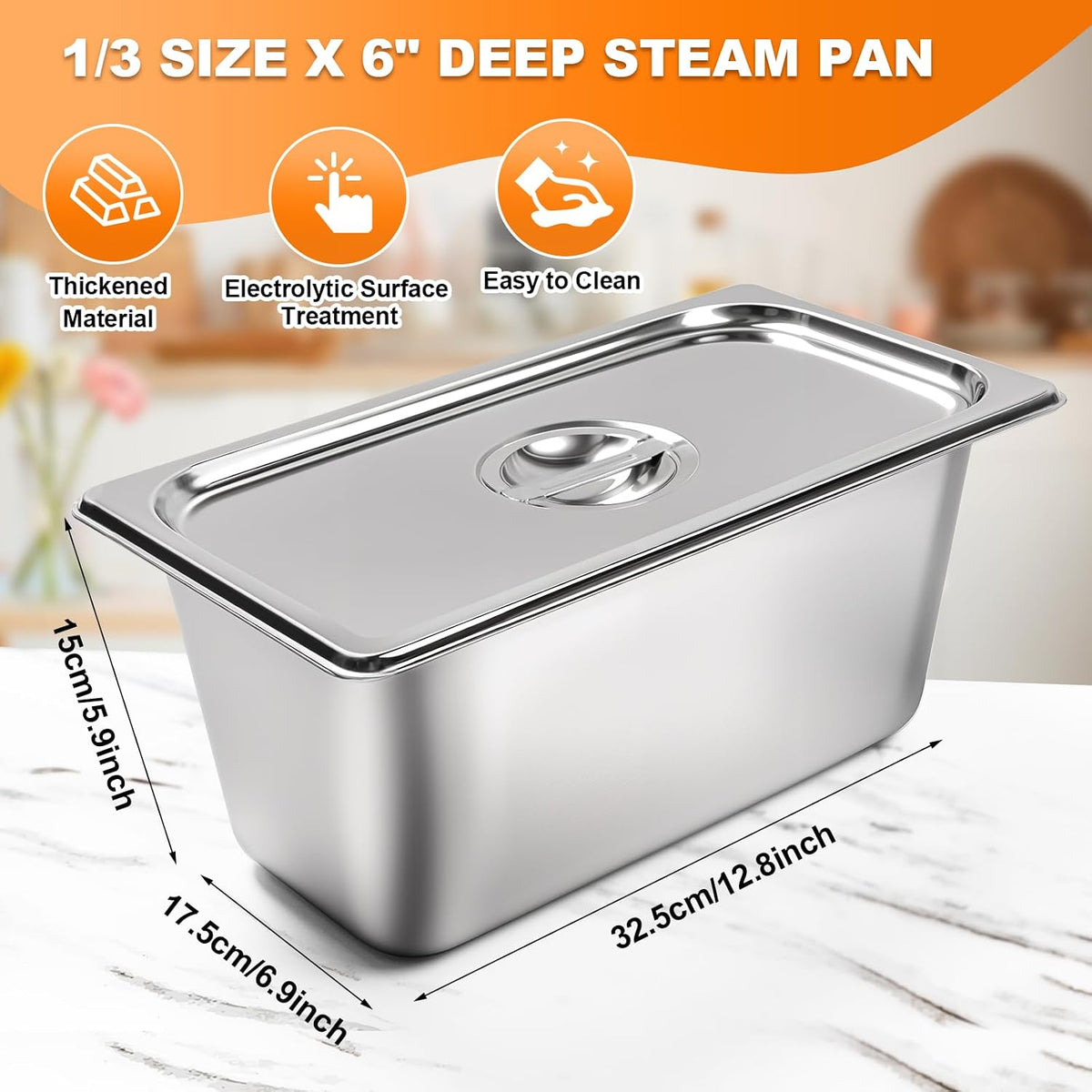 1/3 Full Size 6” Deep Stainless Steel Hotel Pan Steam Pans 8PCS with Lids