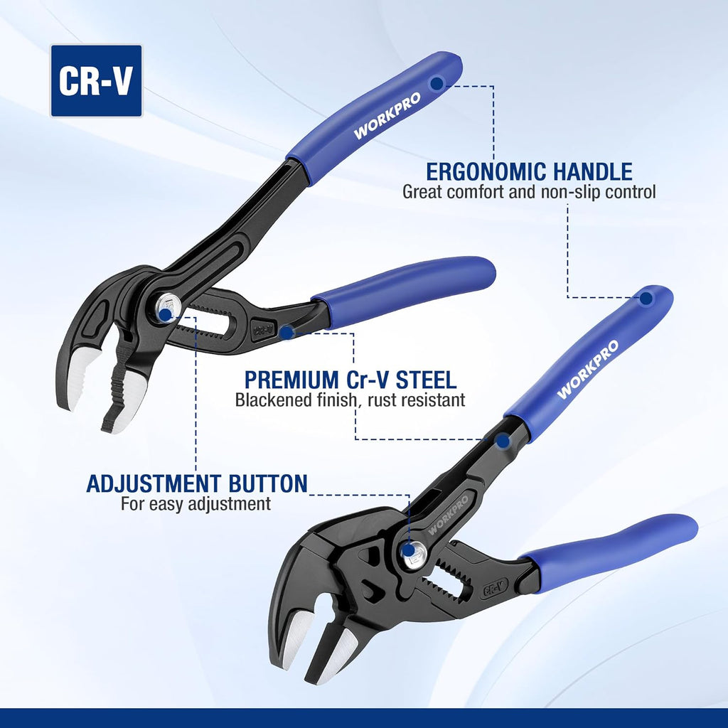 2-Piece 7-Inch Pliers Wrench & Groove Joint Pliers Set, Quick Adjustment, CR-V Steel, Smooth Jaw & V-Jaw, Upgraded