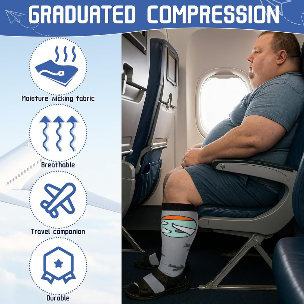 4 Pairs Plus Size Travel Compression Socks for Women Men 3xl Wide Calf Airplane Theme Knee High Compression Socks