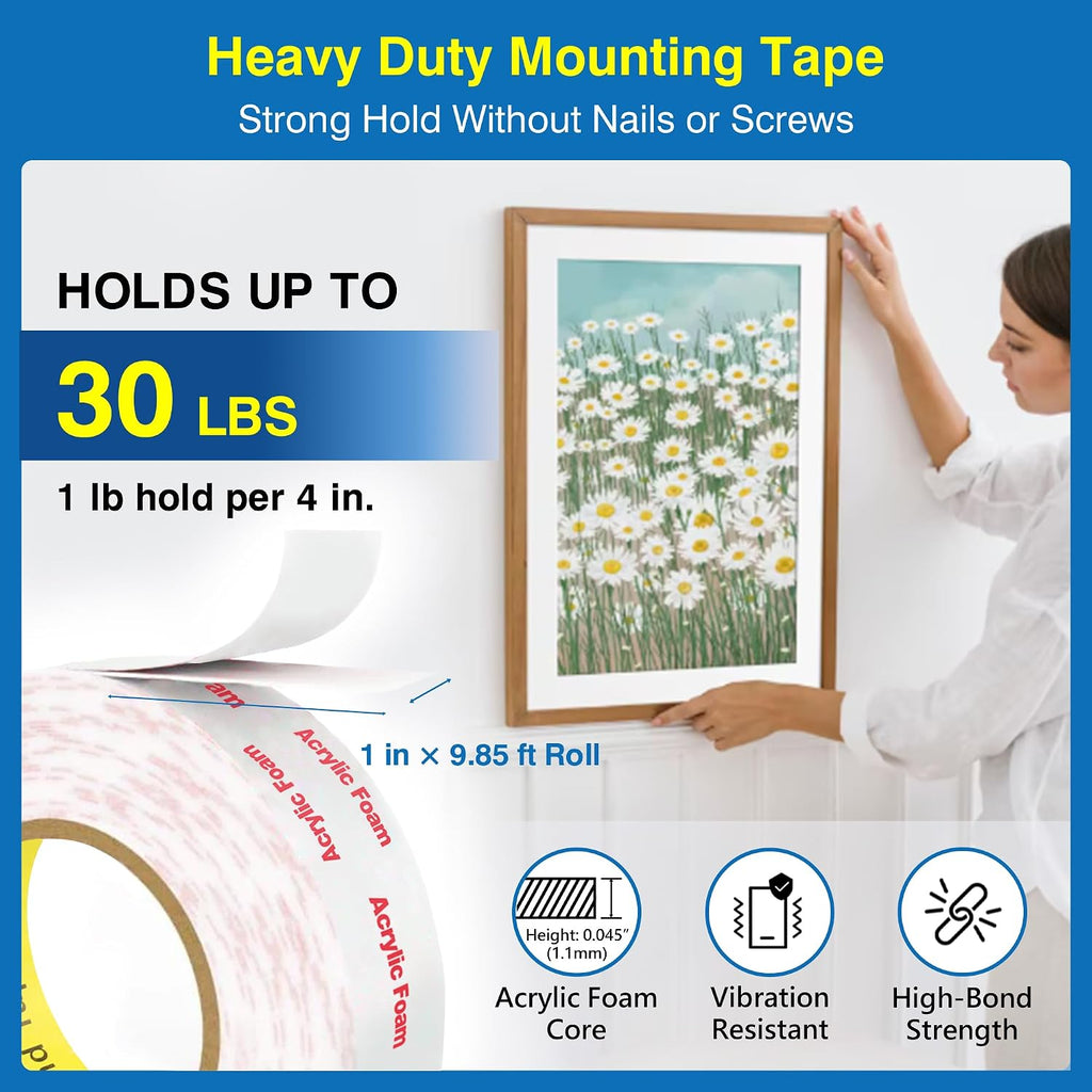 Heavy Duty Removable Double Sided Tape, 1 Inch x 9.85 Feet