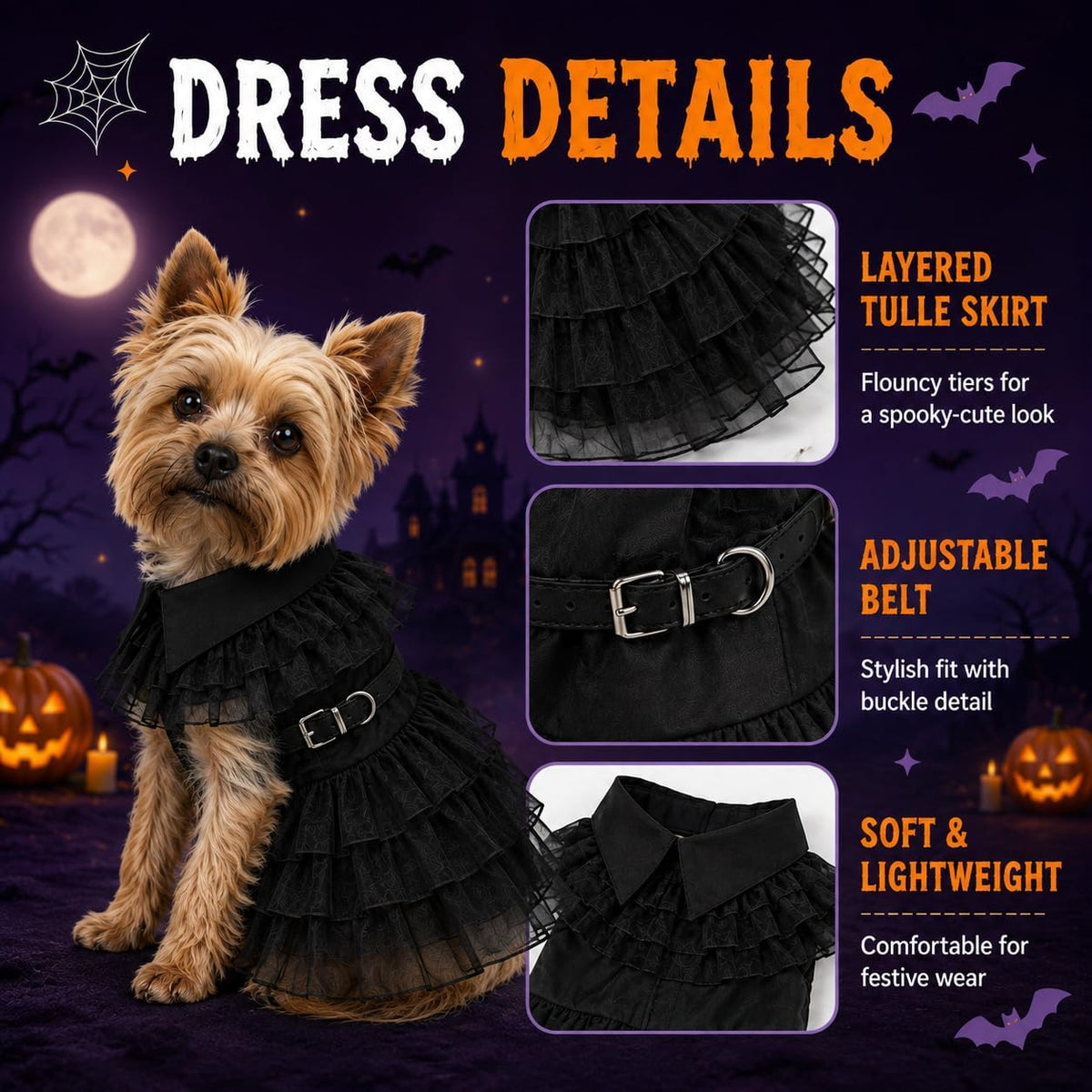 Halloween Dog Costumes - 3 Pcs Puppy Cute Pet Black Dress & Wig, Small