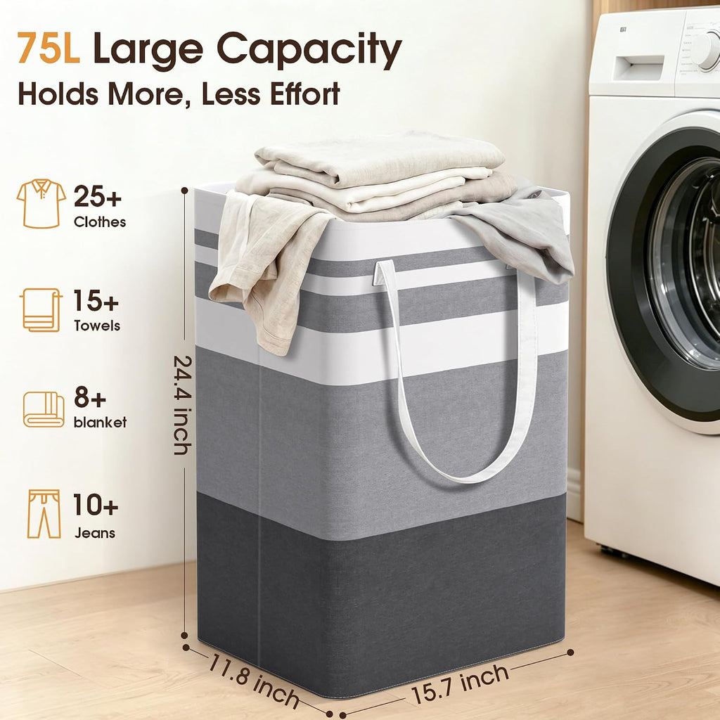 2 Pack Large Laundry Baskets, Laundry Hampers Bags (Grey 75Lx2) | Waterproof, Freestanding, Collapsible Clothes