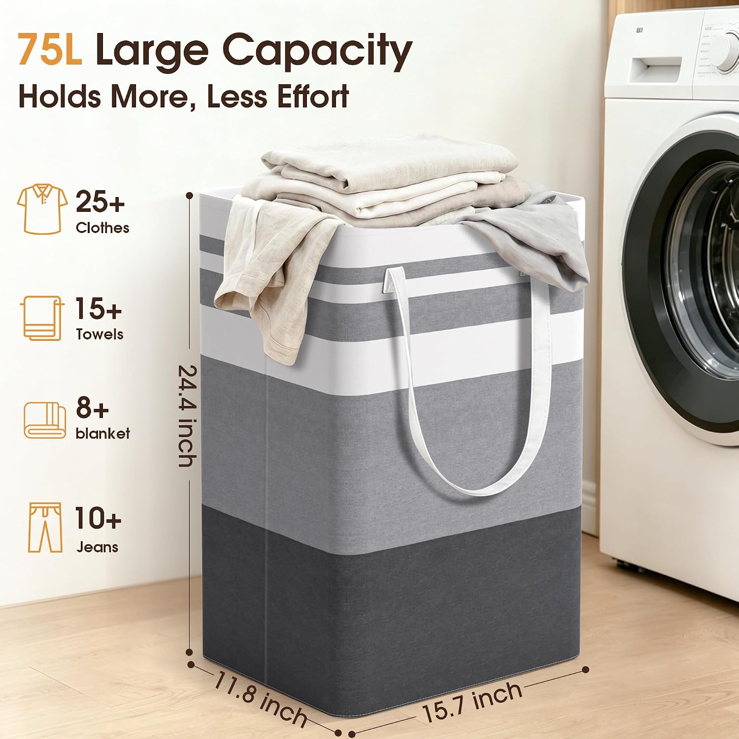 2 Pack Large Laundry Baskets, Laundry Hampers Bags (Grey 75Lx2) | Waterproof, Freestanding, Collapsible Clothes