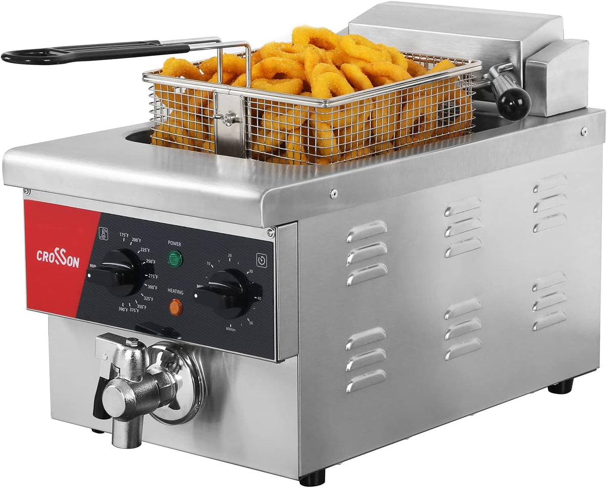 6L Electric Countertop Deep Fryer Extra Large with Drain,Timer,Basket and Lid for Restaurant Use 120V,1800W