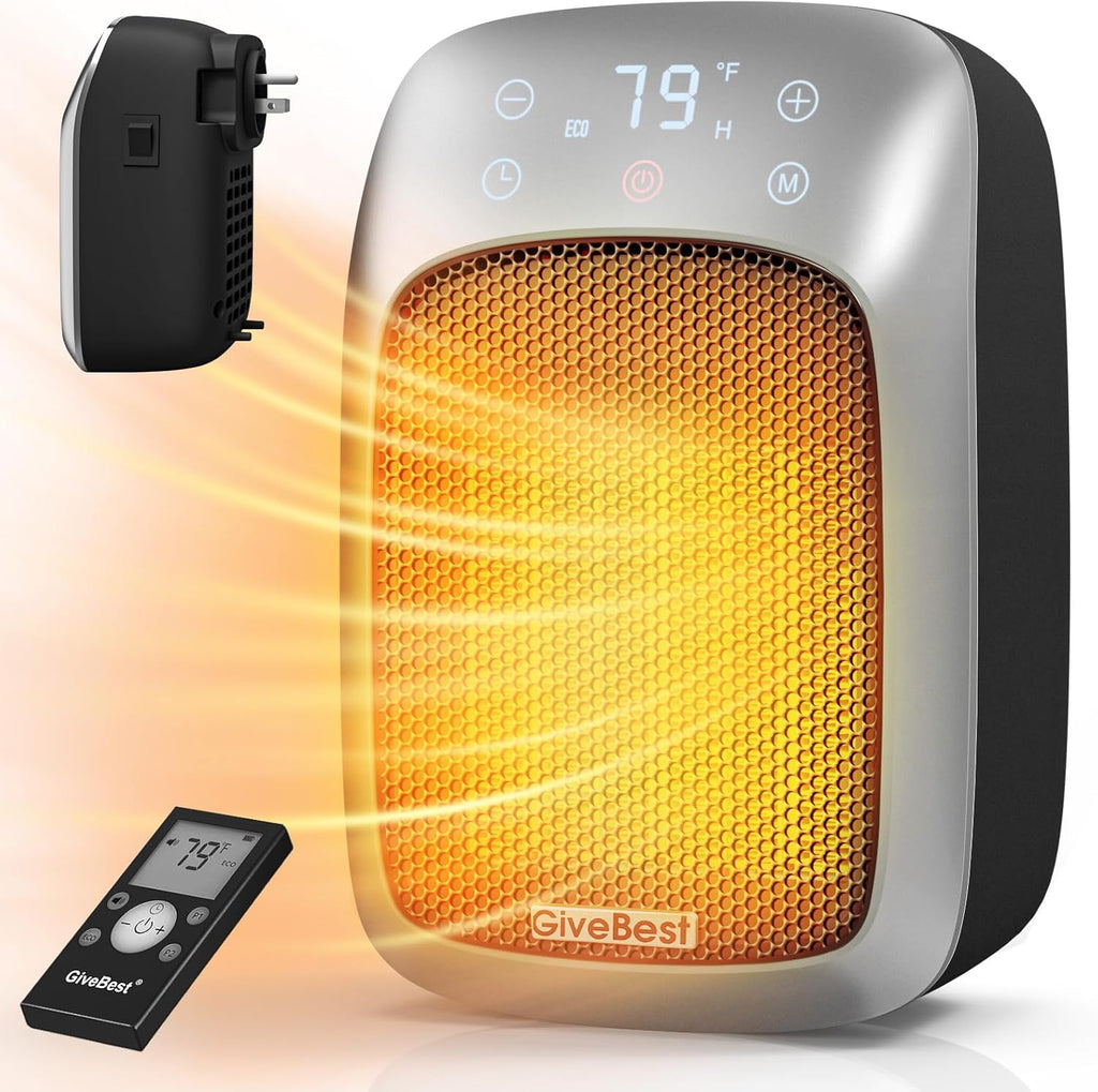 Plug in Wall Space Heater With Remote, 800W Small Outlet Heater | Adjustable Thermostat, Memory Function, ECO Energy