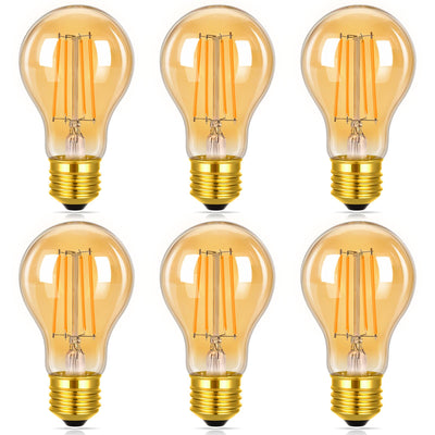 A19 Vintage LED Edison Bulbs, 60W Equivalent, 2200K Amber Warm, 6 Pack