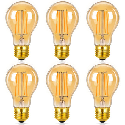 A19 Vintage LED Edison Bulbs, 60W Equivalent, 2200K Amber Warm, 6 Pack