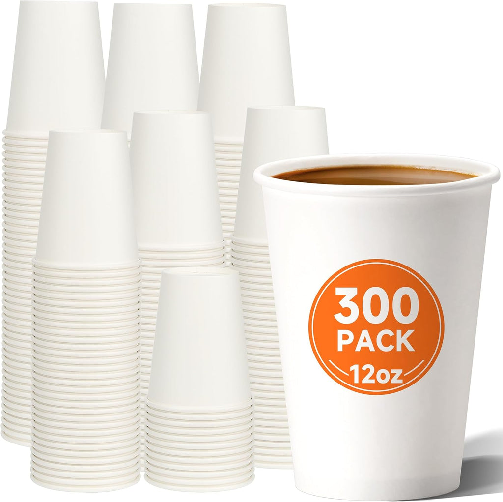 300 Pack 12 oz Disposable Paper Coffee Cups, White
