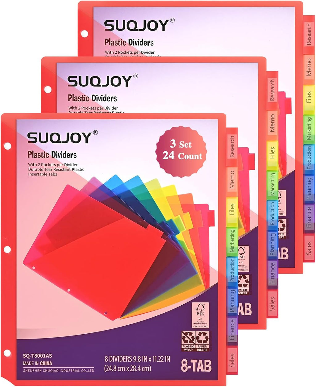 Binder Index Dividers with Tabs, 24 Count 3 Ring Binder Dividers with Pockets, 8 Tab Dividers for 3 Ring Binder