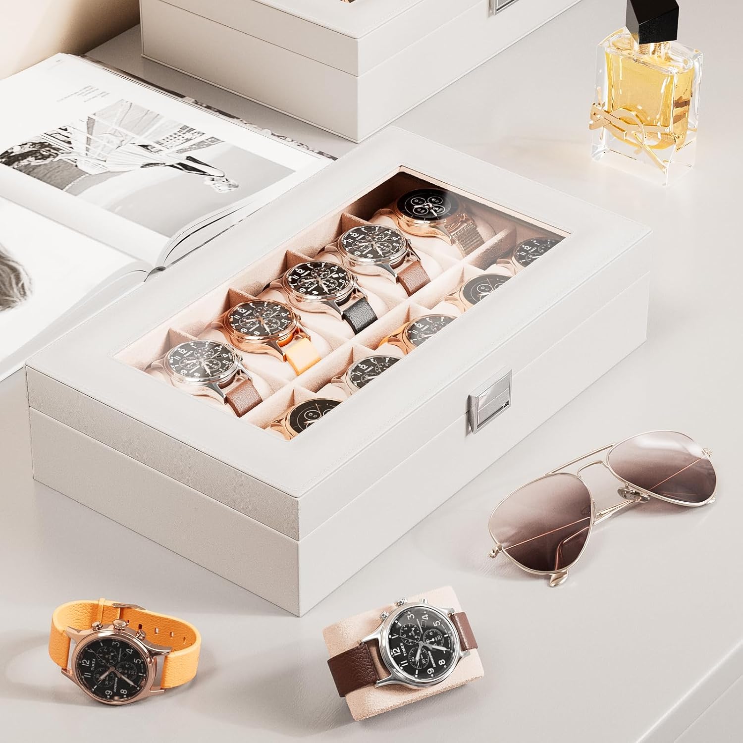 Watch Box Organizer, 12 Slot Watch Display Case, White | Watches Storage Boxes Holder for Men Women, Large Glass Lid