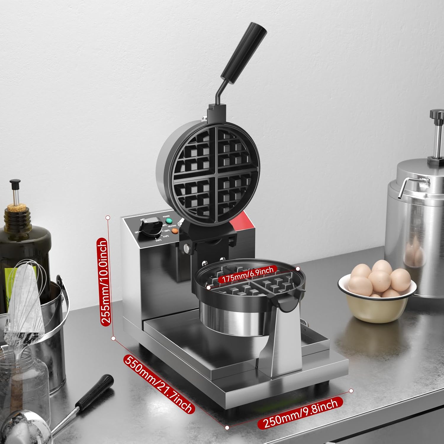Commercial Waffle Maker,Professional Round Belgian Waffle Maker Rotating 180° Non-Stick Plate Machine with Temp and