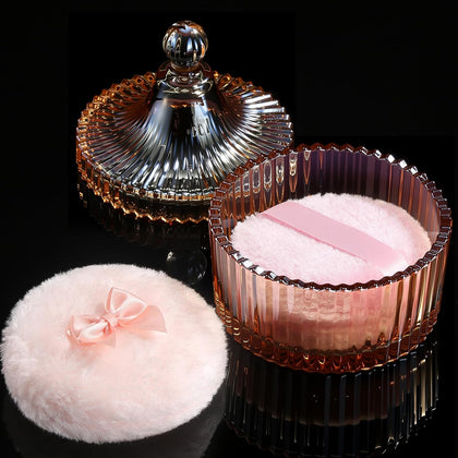 Powder Puff & Crystal Container Set, Large Body Powder Puff and Container, Body Powder Container with Puff