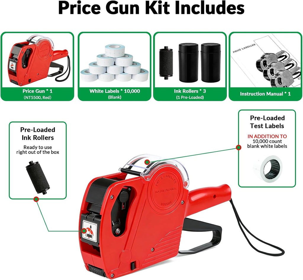 1-Line 8-Digit Price Gun Kit (Model NT5500, Red) | Kit includes price gun, price labels, ink roller, instruction manual
