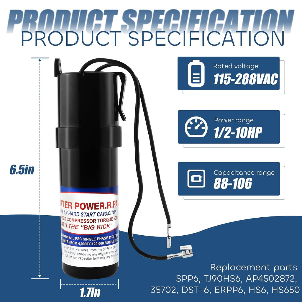SPP6 Hard Start Capacitor for AC Compressor 115-288V AC | (1/2 Thru 10 H.P.) Compatible with Supco Relay Increases