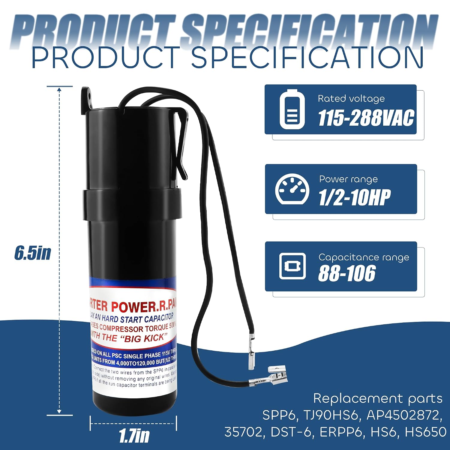 SPP6 Hard Start Capacitor for AC Compressor 115-288V AC | (1/2 Thru 10 H.P.) Compatible with Supco Relay Increases