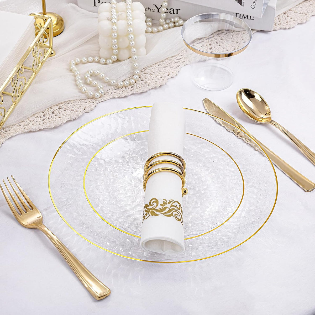 100Pcs Clear Gold Plastic Plates, Disposable Plates With Gold Rim, Heavy-duty Party Platos, Hammered Plastic Plates
