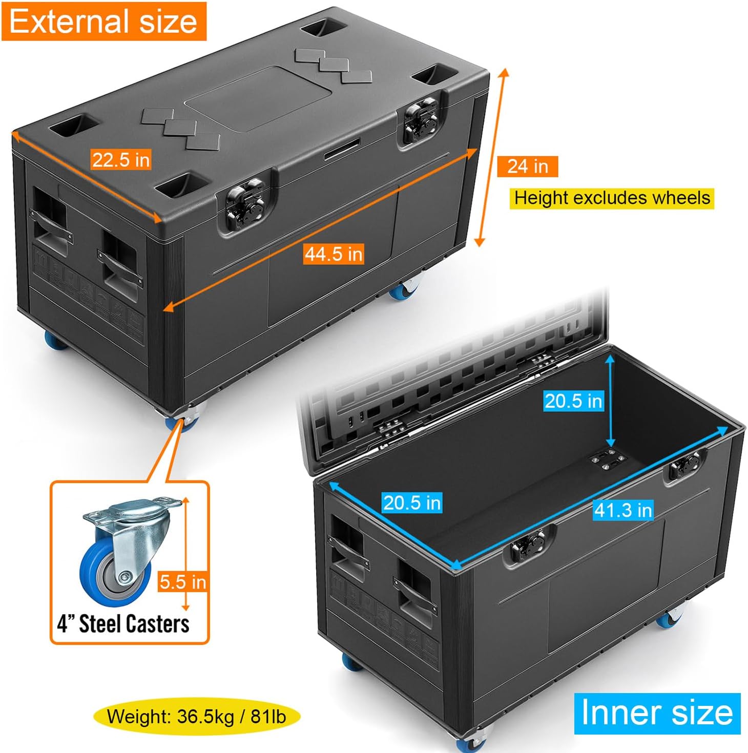 Rolling Road Case 44"x22"x24", Heavy Duty Cable Trunk with Wheels | Stackable Utility ATA Flight Case