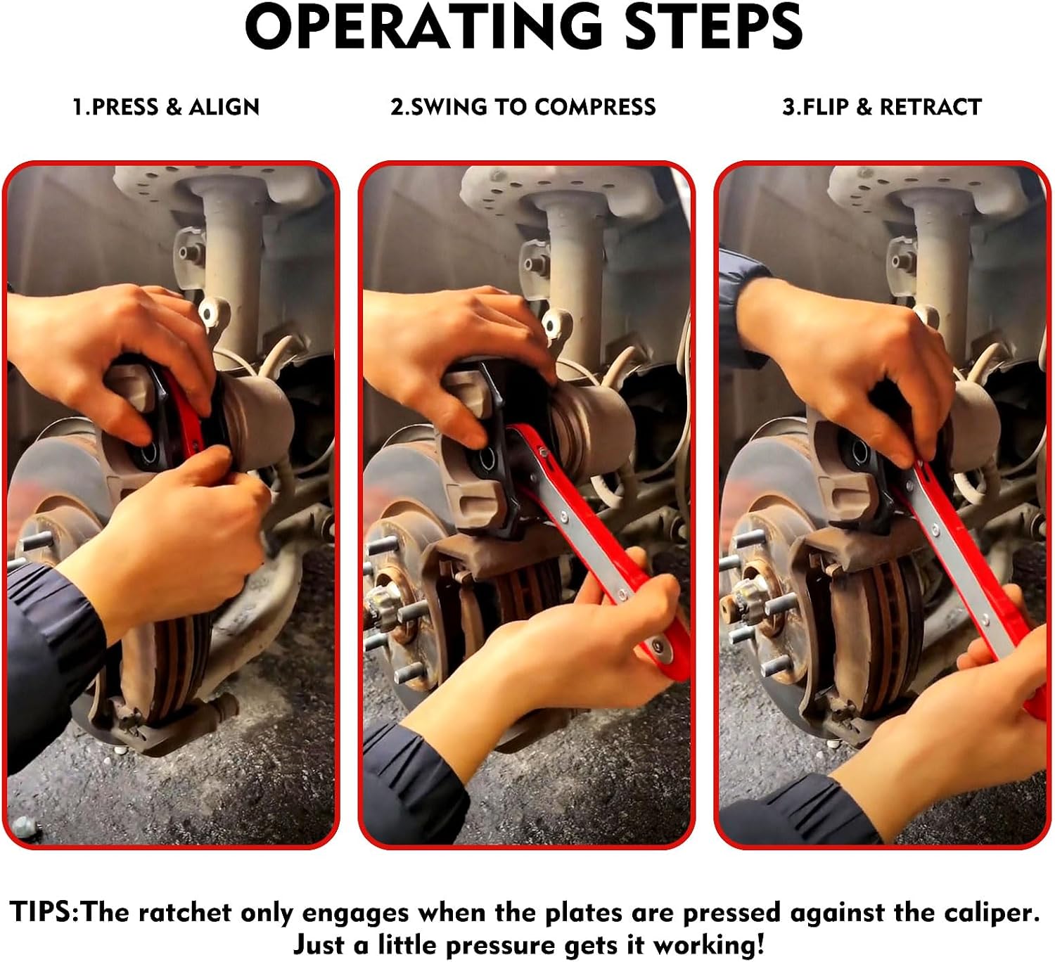 Brake Caliper Compression Tool, 360° Ratcheting Piston Compressor, 2 Steel Plates, 2 Hooks
