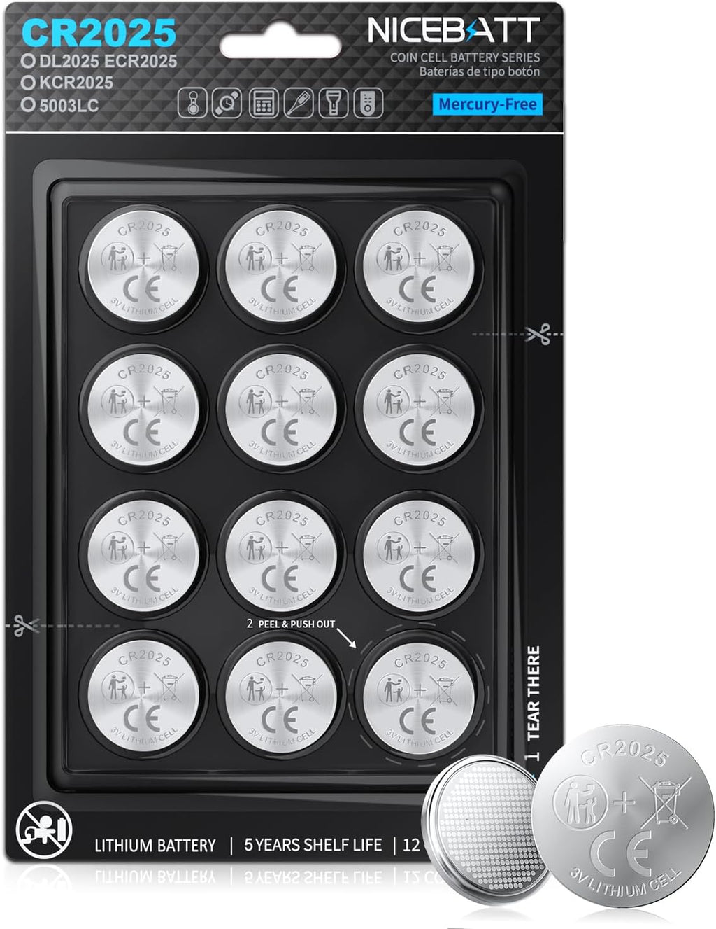 Cr2025 3V Lithium Battery 12 Pack, High Capacity 2025 Batteries for Key fobs, Remote Controls