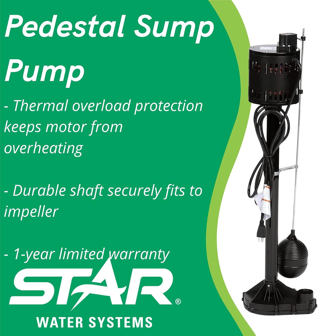 3CEH 1/3 HP Thermoplastic Pedestal Sump Pump with Vertical Float Switch, Low Profile Column Pump, 58 GPM, Fits in 12"