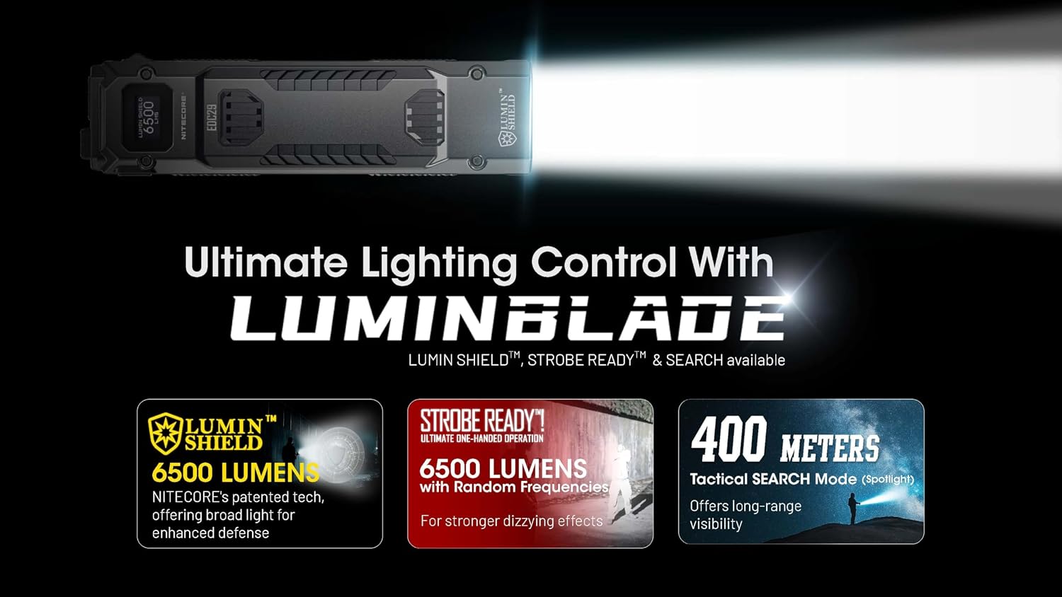 EDC29 6500 Lumen Rechargeable EDC Tactical Flashlight (Black) | USB-C Fast Charging, Slim Flat Shape, Spotlight