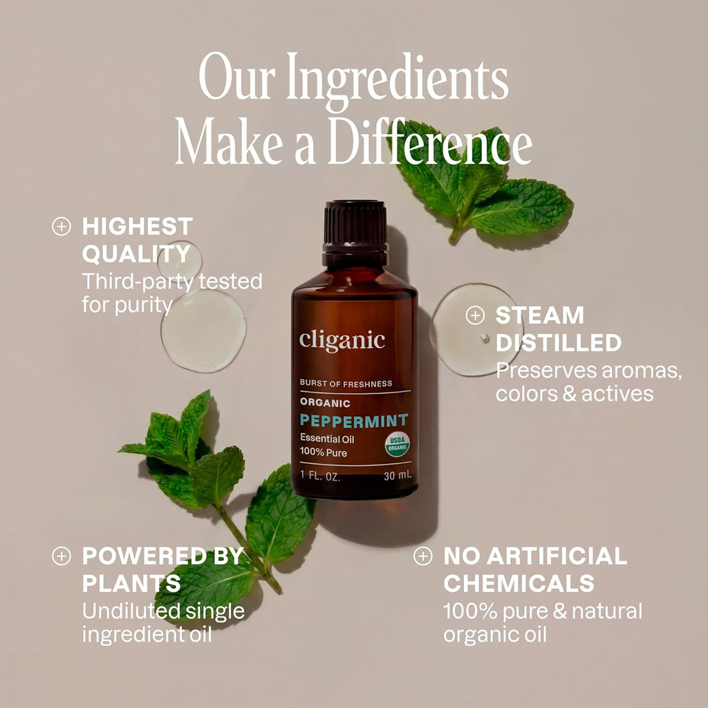 Organic Peppermint Essential Oil, 100% Pure Natural Undiluted, for Aromatherapy | Non-GMO Verified